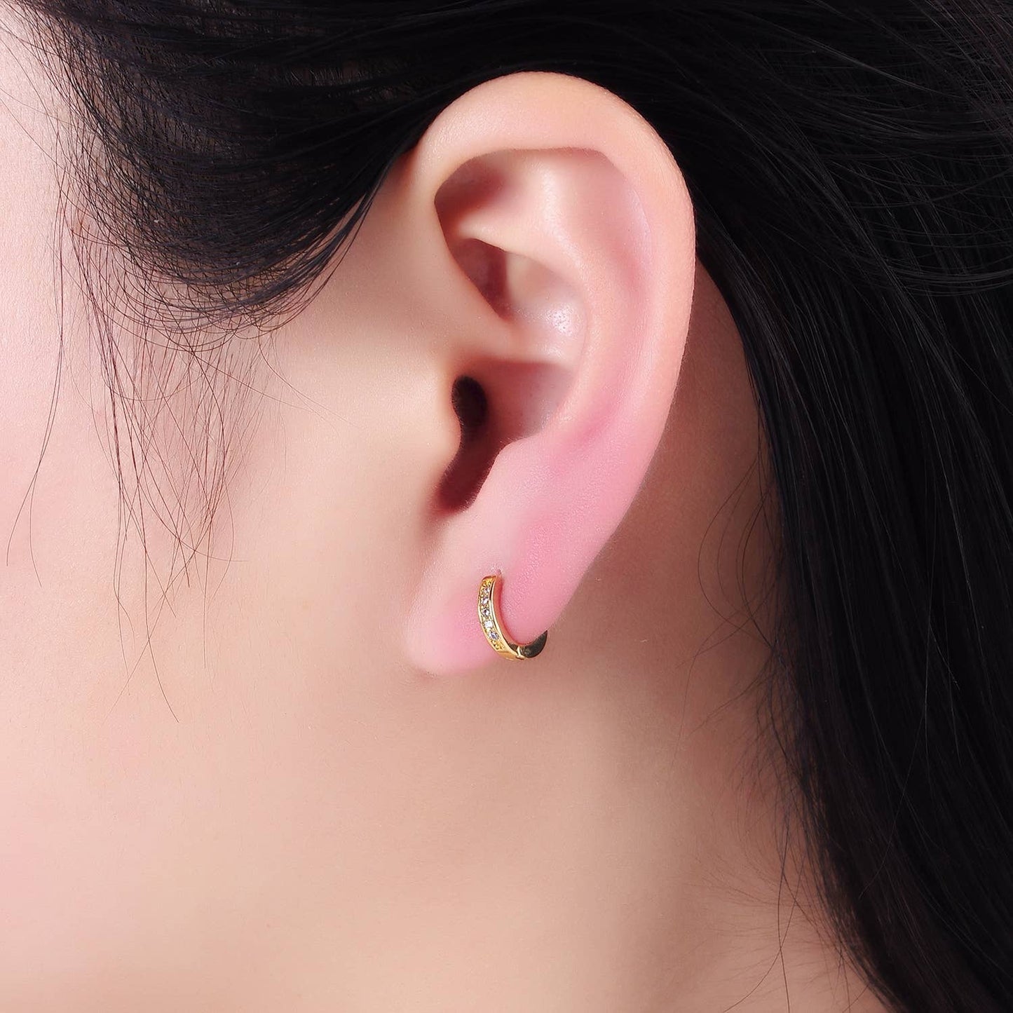 14K Gold Filled 10mm CZ Lined Cartilage Huggie Earrings : Gold