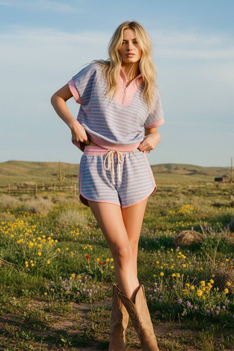HALF ZIP UP STRIPED TOP AND SHORTS SETS : BLUE/PINK / M