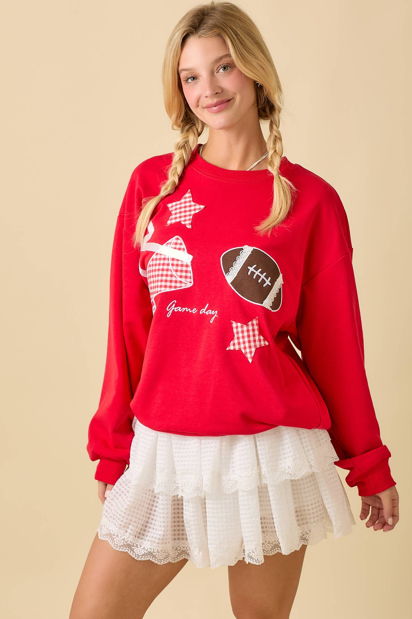 Football Game Day Patchwork Long Sleeve Crewneck Top: BLACK / S