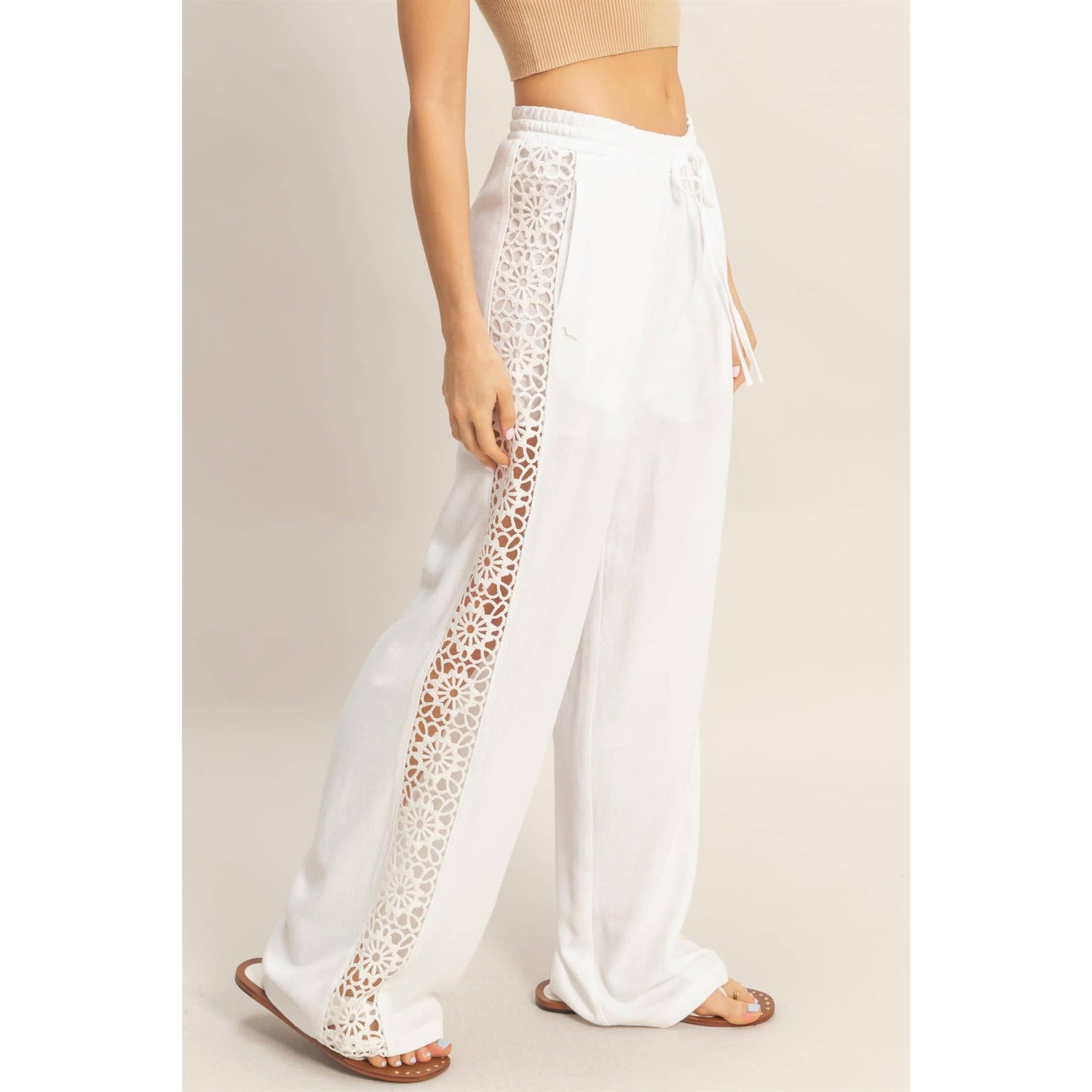 Lace Trim Wide Leg Pants: TERACOTTA / S-M-L(2-2-2)