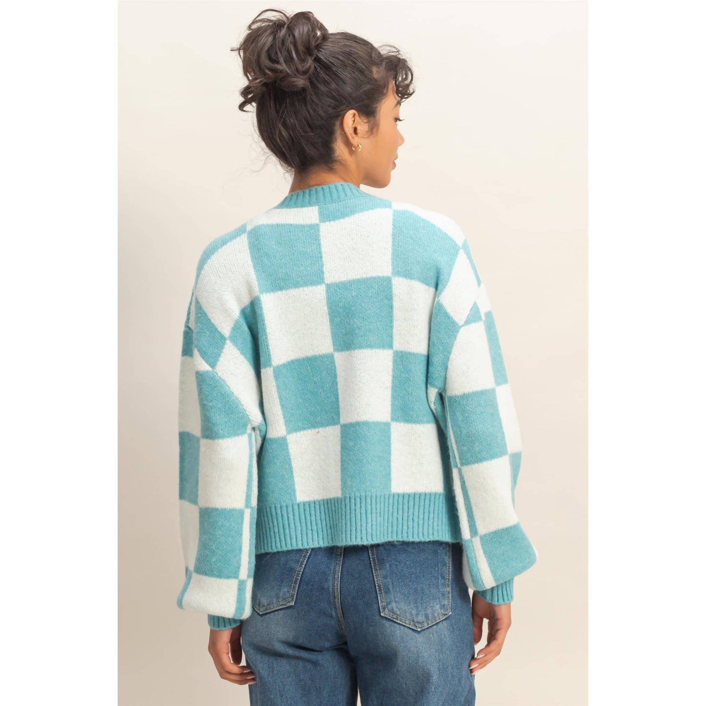 Checkered Button Front Cardigan Sweater: EMERALD/CREAM / S-M-L(2-2-2)
