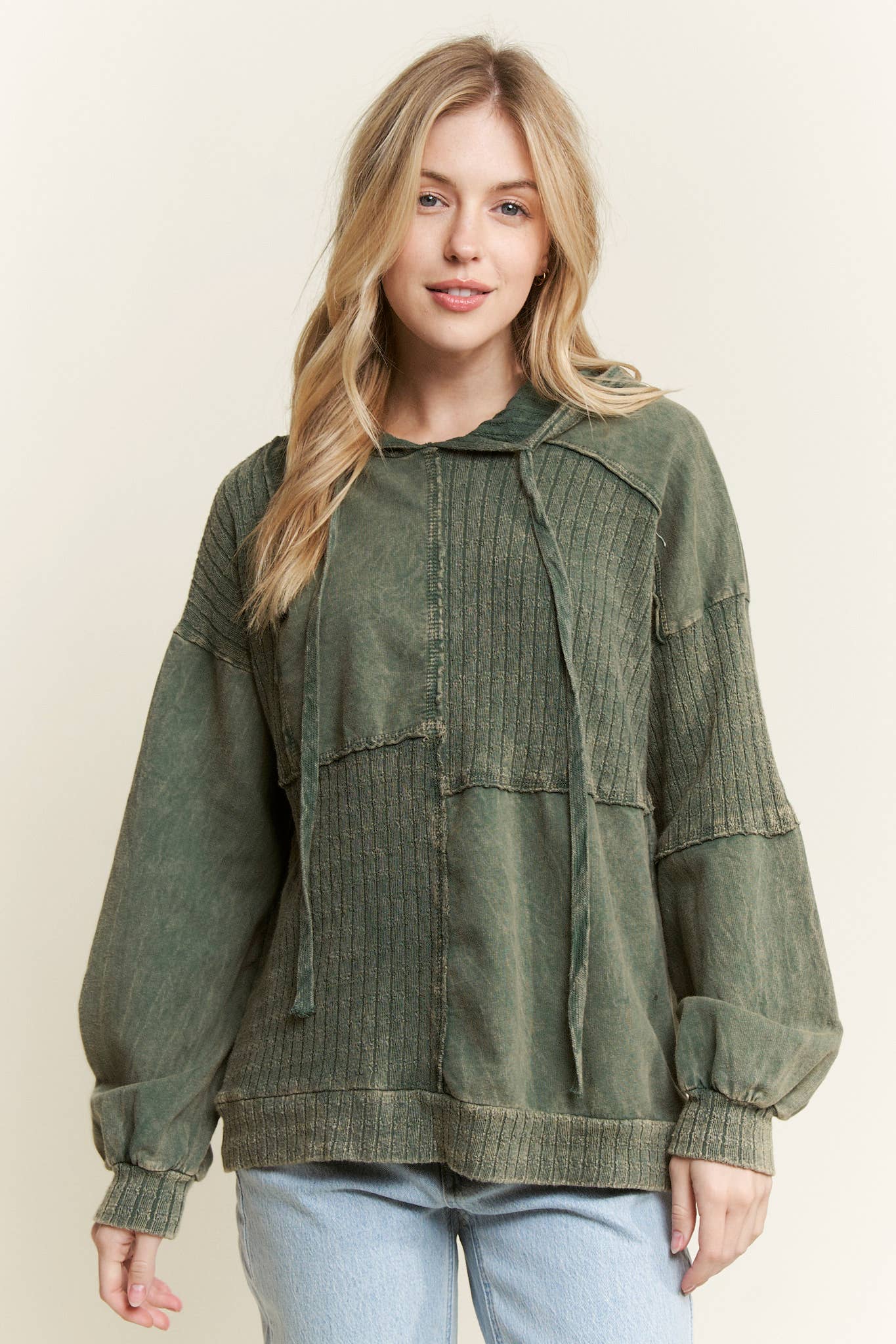MineralWash Sweater block stitched hoodie shirt HT5969.: Olive / S-M-L / 2-2-2