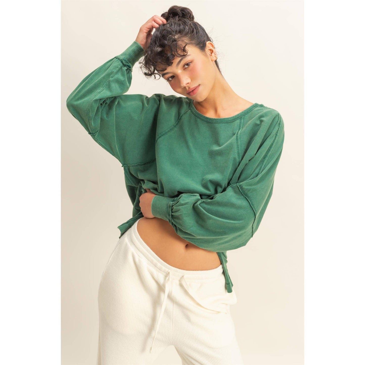 Washed Oversized Long Sleeve Top With Slit: BLACK / S-M-L(2-2-2)