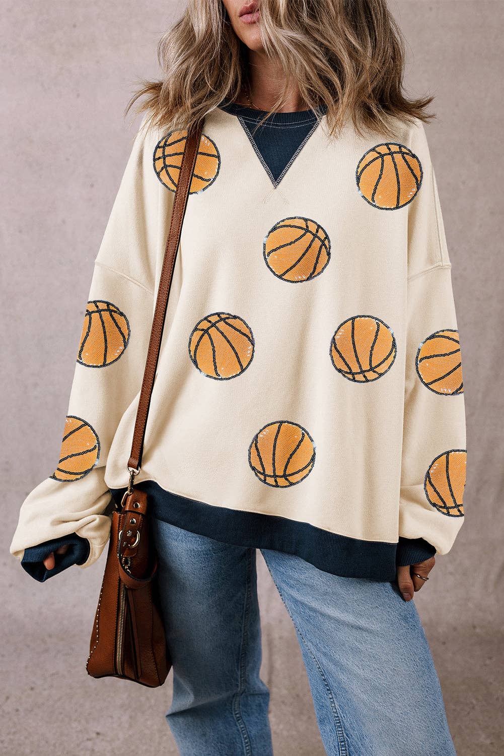 White Sequin Basketball Graphic Colorblock Edge Sweatshirt: White / 50%Polyester+50%Cotton / L