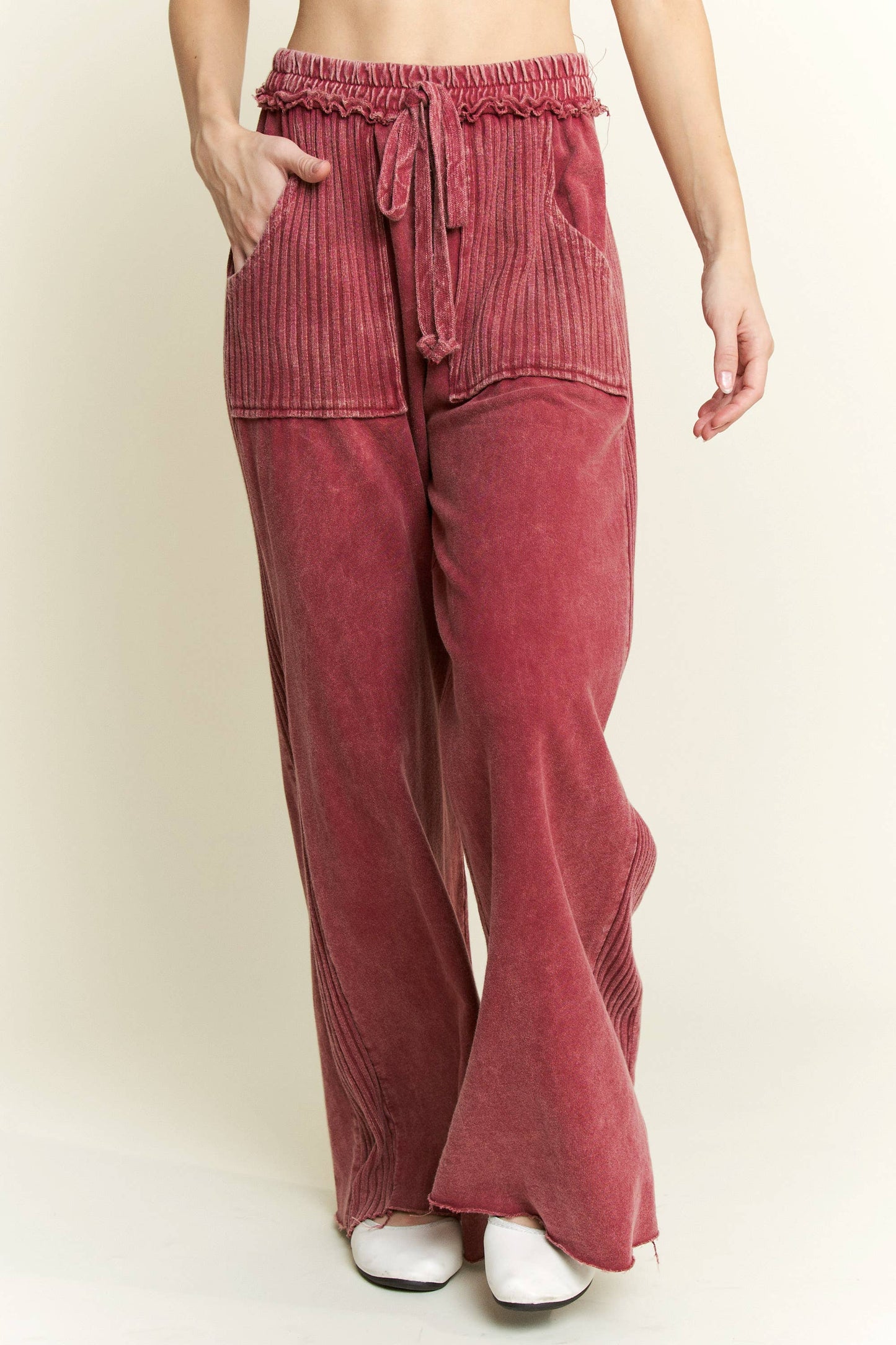 Mineral Wash Side Knit detail wide leg pants HE5878P: Midnight Green / S-M-L / 2-2-2
