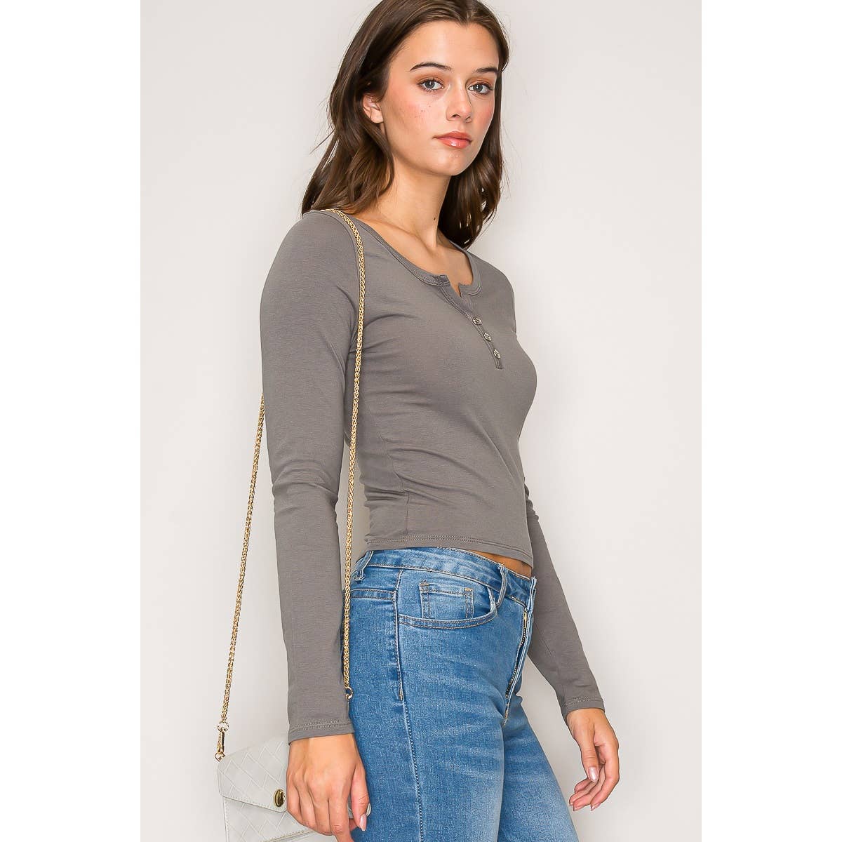 Notch V Neck Button Front Long Sleeve Cotton Top: Chili Oil / S-M-L(2-2-2)