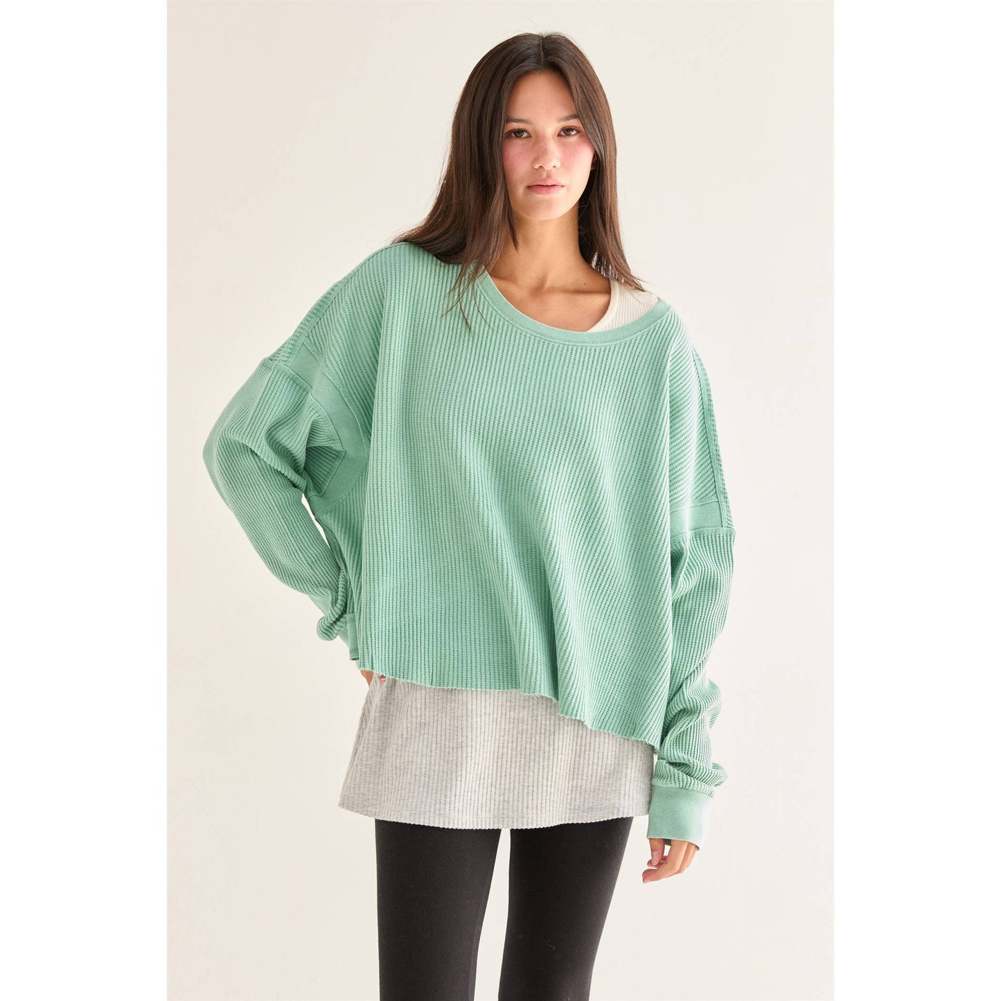 Chic Open Back Textured Knit Long Sleeve Top: CREAM / S-M-L(2-2-2)