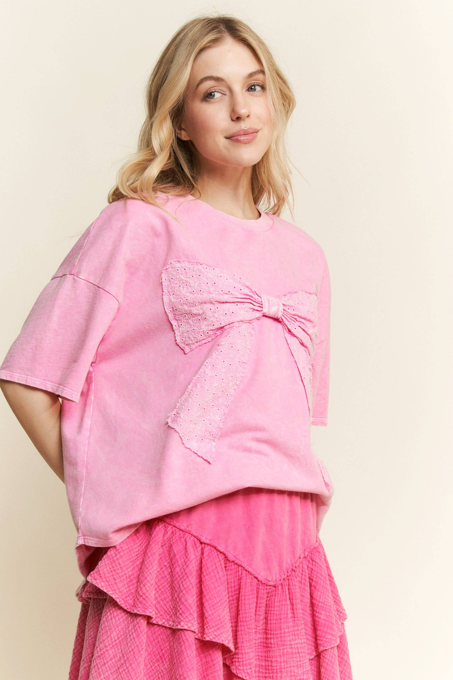 MineralWash Ribbon bow half sleeve shirt HT6308: Silver Grey / S-M-L / 2-2-2
