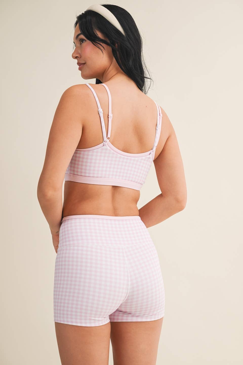 Gingham Print Double Layered Sports Bra: Red Gingham / L