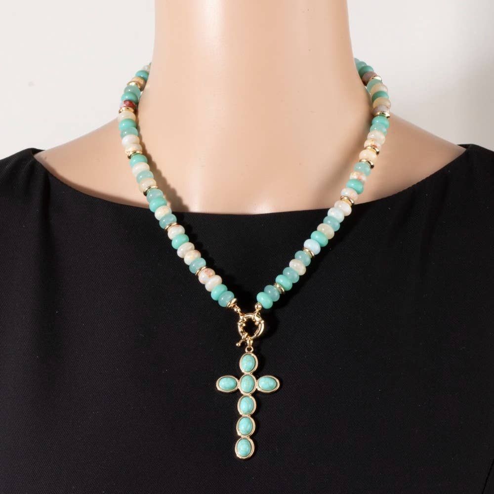 Semi Precious Stone Cross Pendant Necklace: NAT
