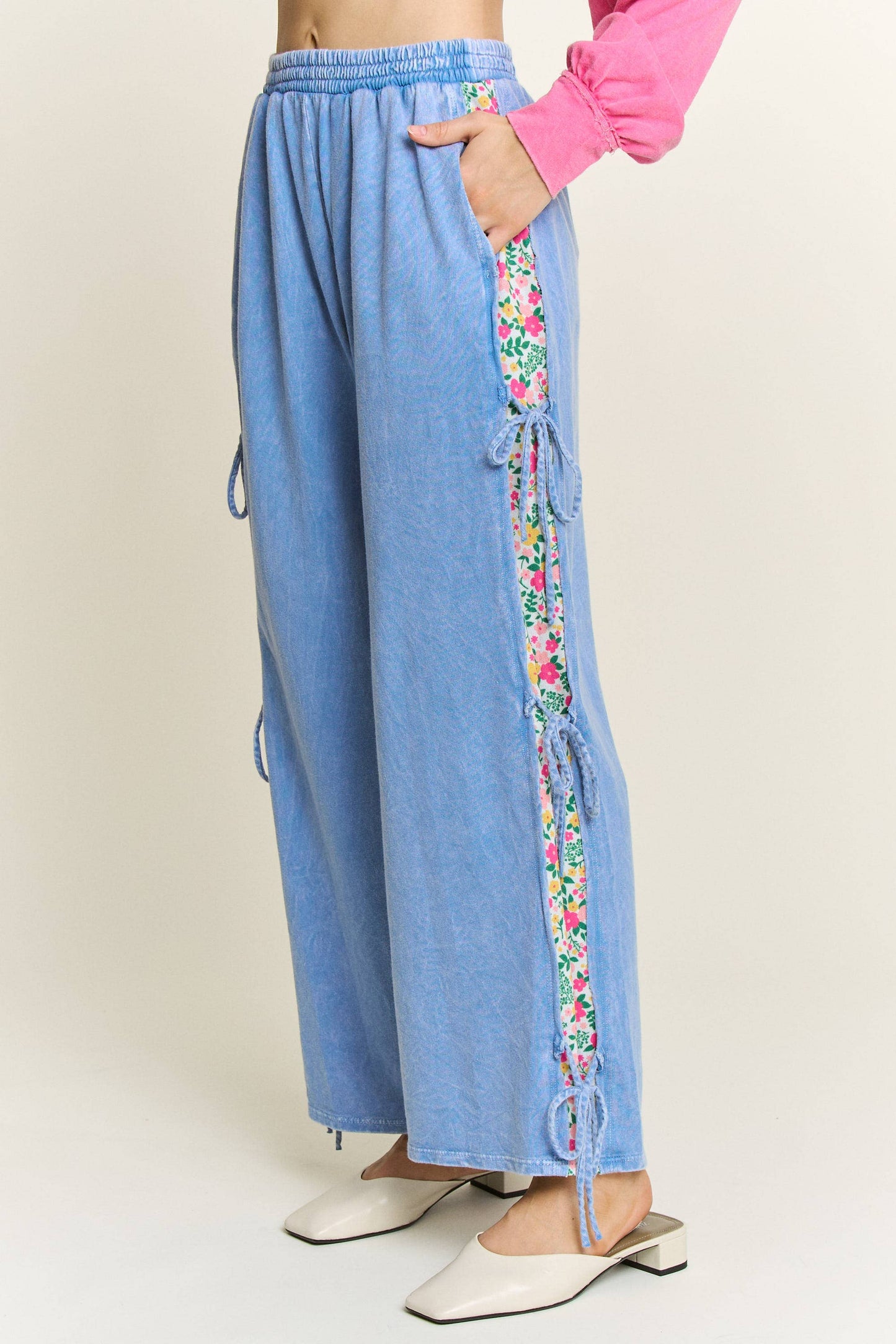 MineralWashed Bow Ribbon tie on the side Pants HP6418: DenimBlue / S-M-L / 2-2-2