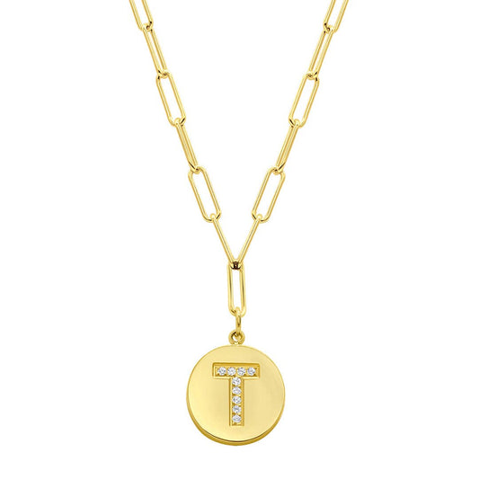 Tarnish Resistant 14K Gold Plated Initial Disc Necklace: T / Default Title