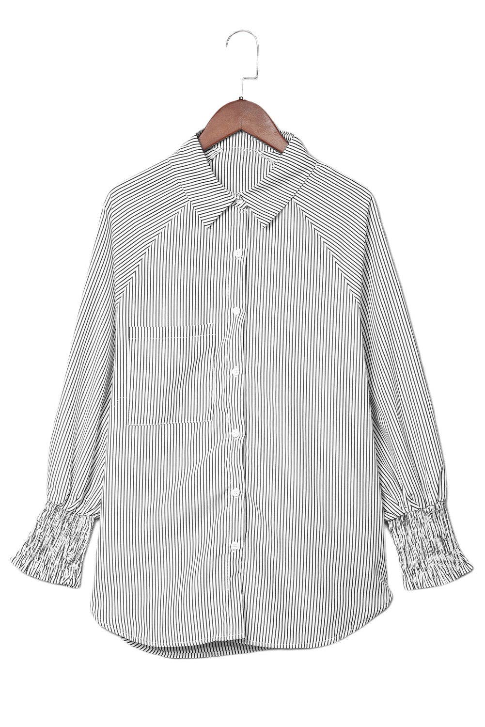 Stripe Smocked Cuff Pocketed Shirt: Sky Blue / S