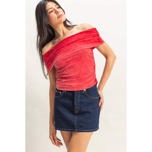 Off-The-Shoulder Side Ruched Top: RED / S-M-L(2-2-2)