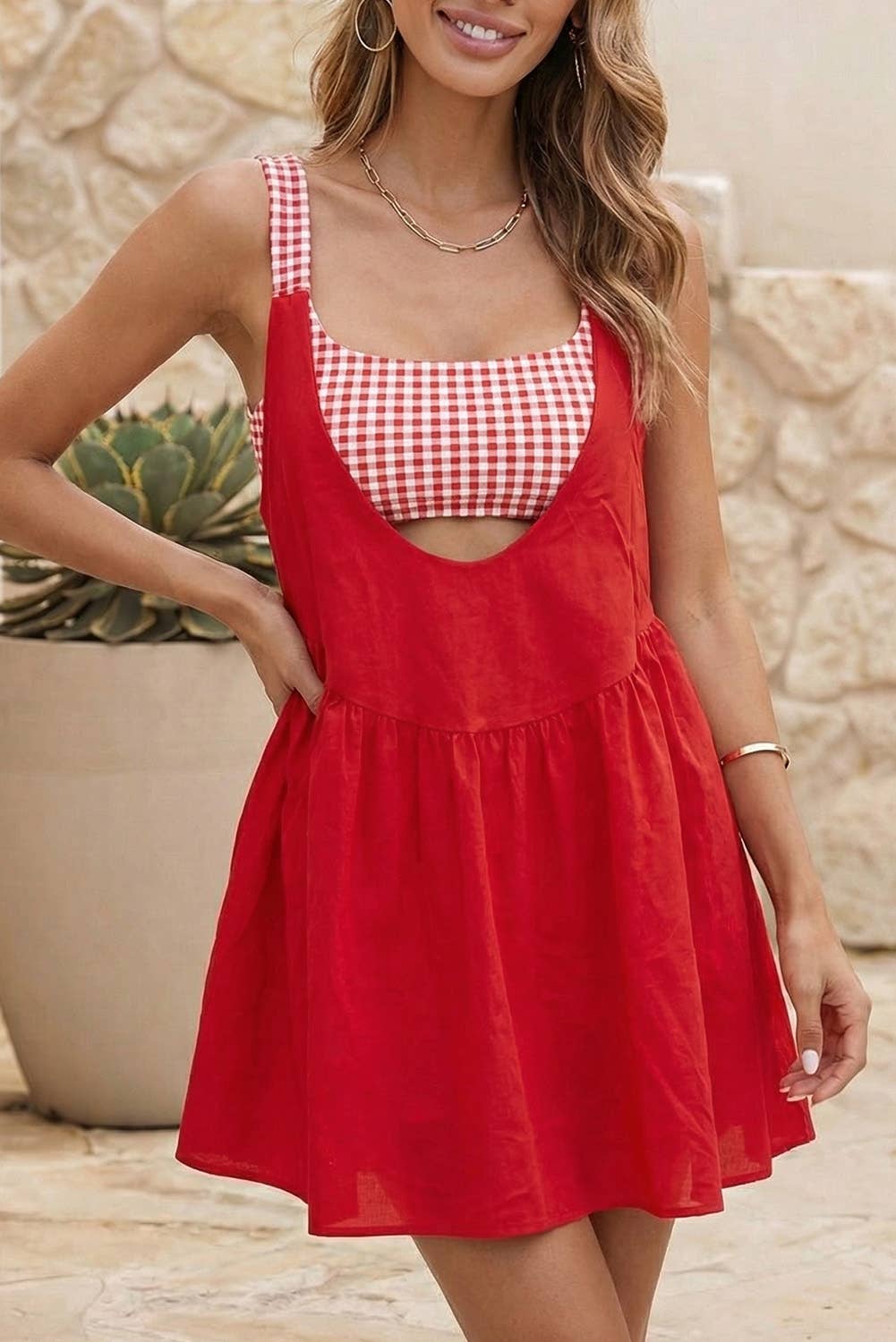 LDC Two Piece Gingham Contrast Patchwork Loose Mini Dress: Beau Blue / M