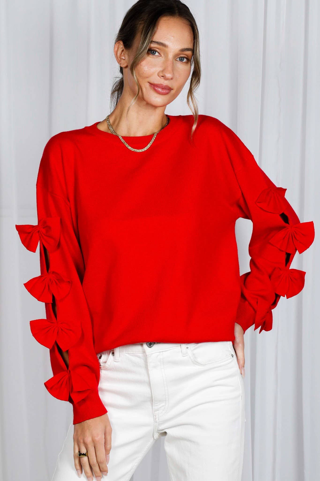 Bow Embellished Long-Sleeve Crew Neck Knit Sweater VT82605: Black / M