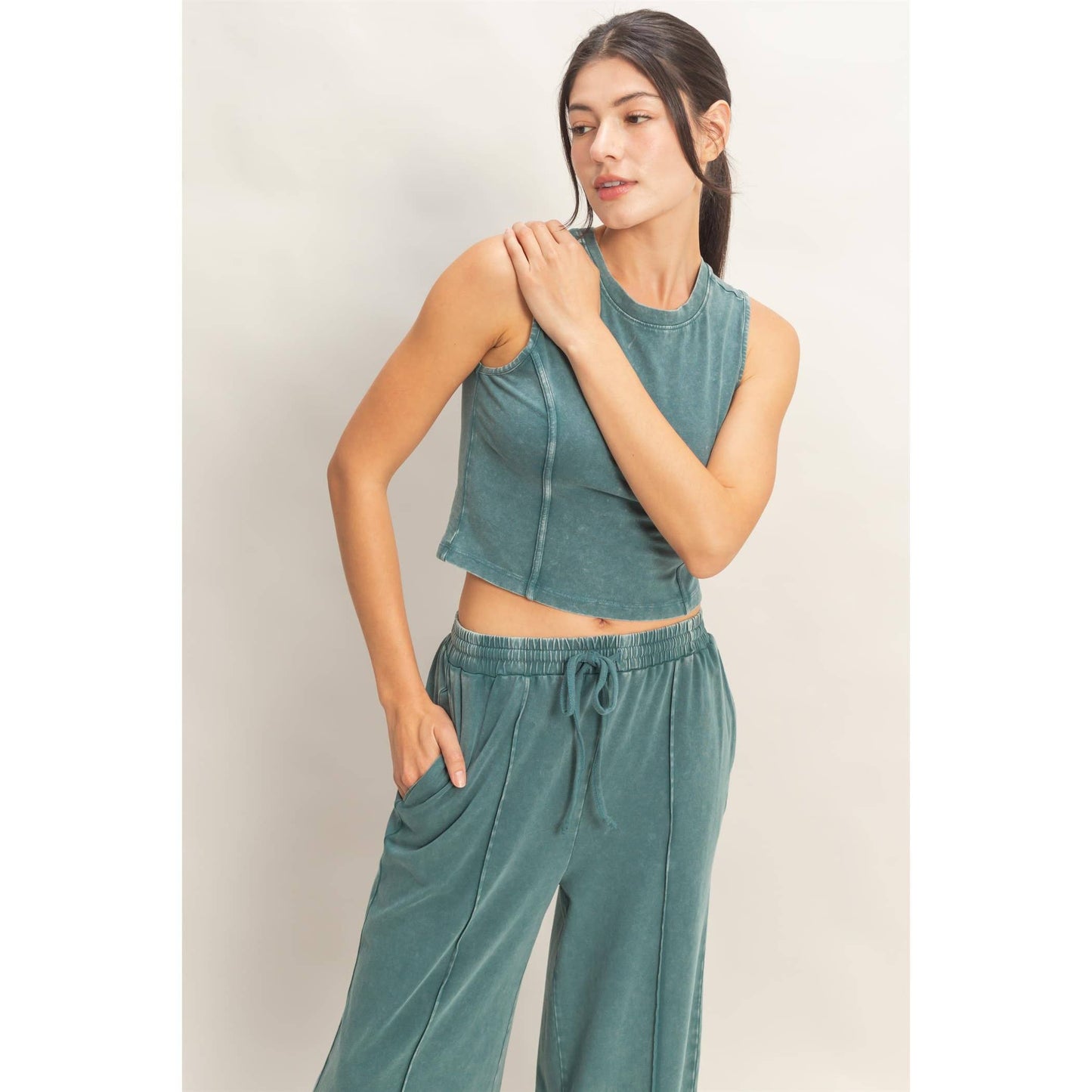 Mineral Washed Sleeveless Top & Wide Leg Pants Set: CHOCOLATE / S-M-L(2-2-2)