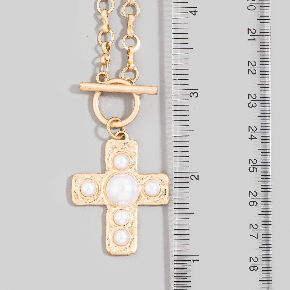 Pearl Studded Cross Pendant Toggle Chain Necklace: WG