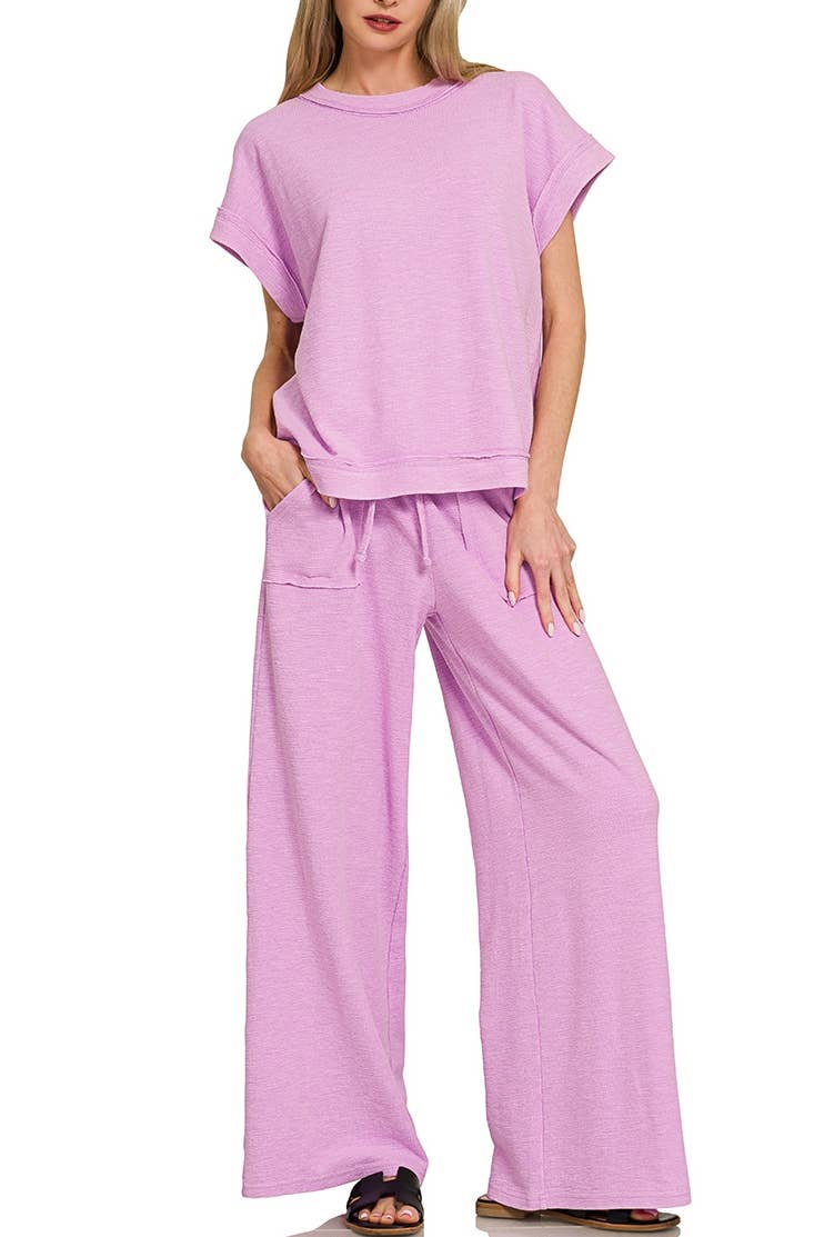 Washed Slub Short Sleeve Tee And Long Pants Set: DK PINK / 1-1-1(S-M-L)