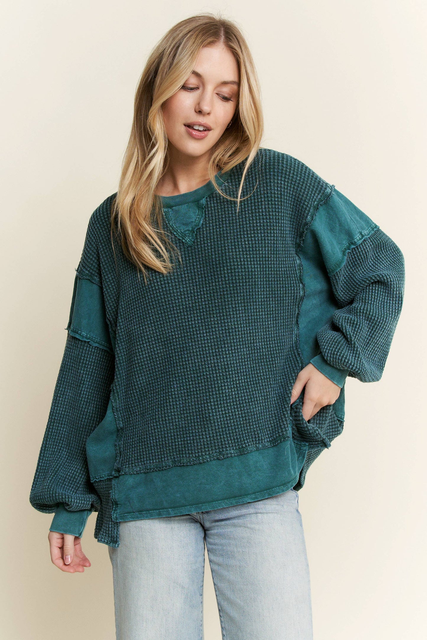 MineralWash Waffle and terry oversized fall shirt HT5989.: Midnight Green / S-M-L / 2-2-2