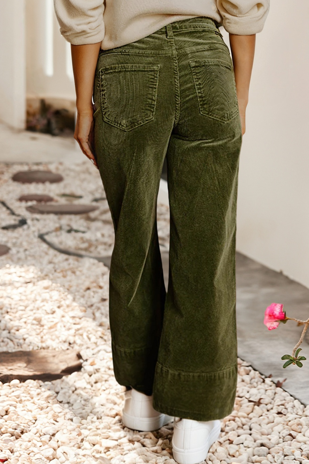 LDC Solid Color High Waist Corduroy Wide Leg Pants: Vineyard Green / S
