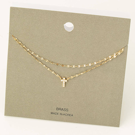 Layered Chain Rhinestone Cross Pendant Necklace: G