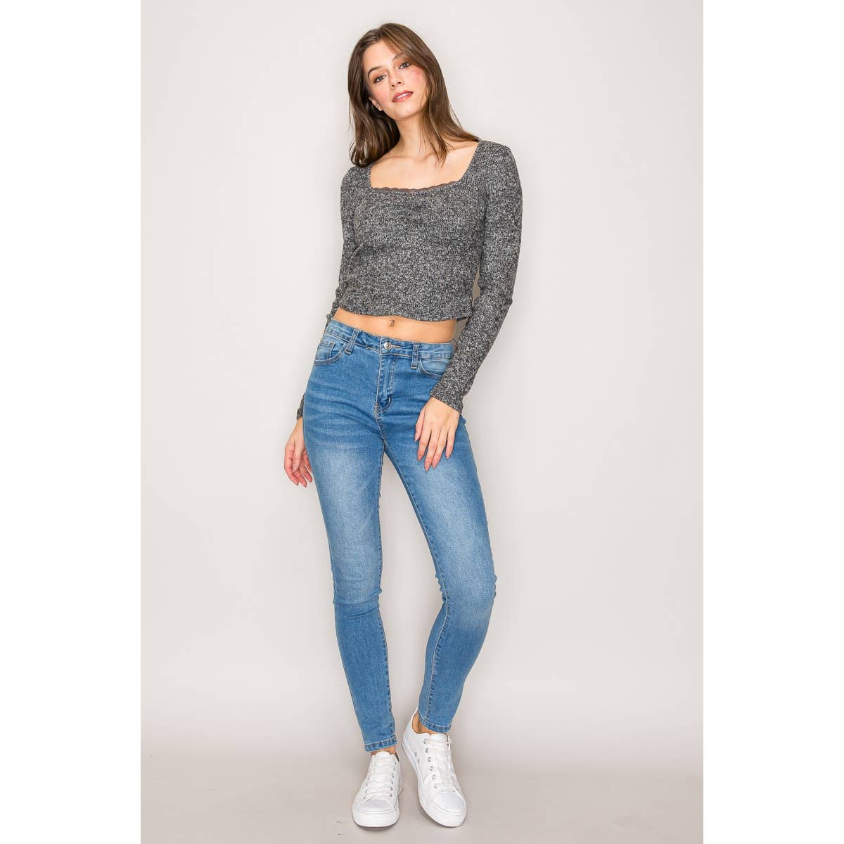 Square Neck Long Sleeve Top with Lace Trim: Black / S-M-L(2-2-2)