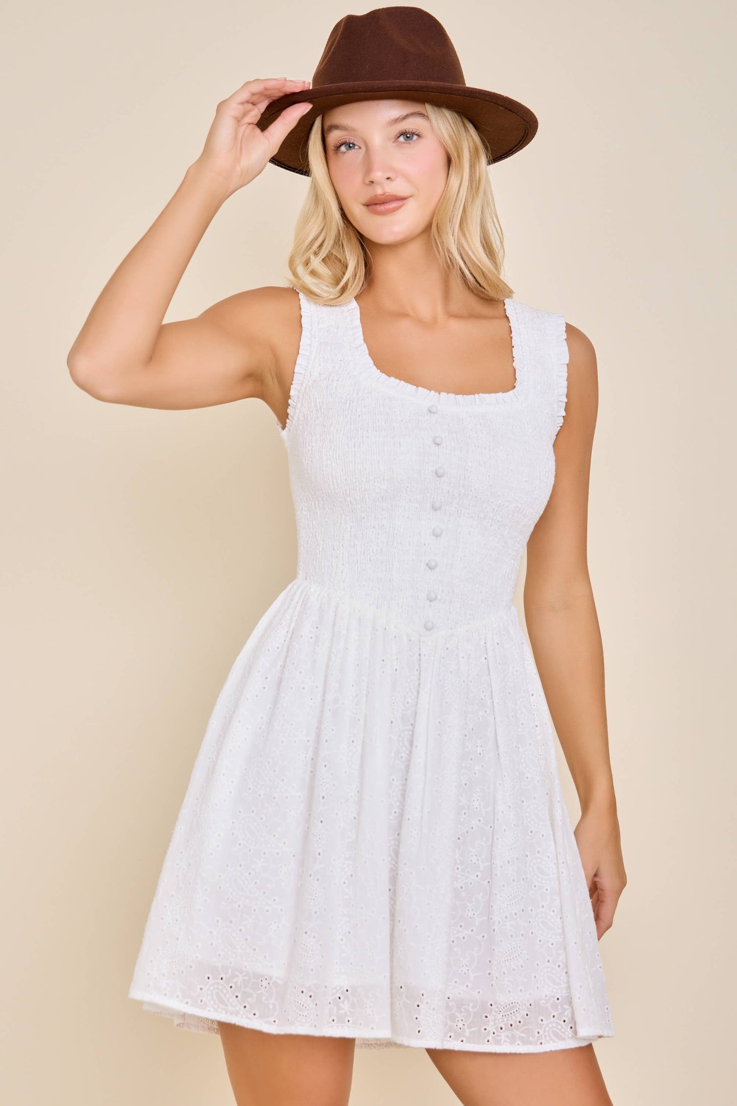 Eyelet Smocked Mini Dress – Sweet Feminine Spring Style: PINK / S