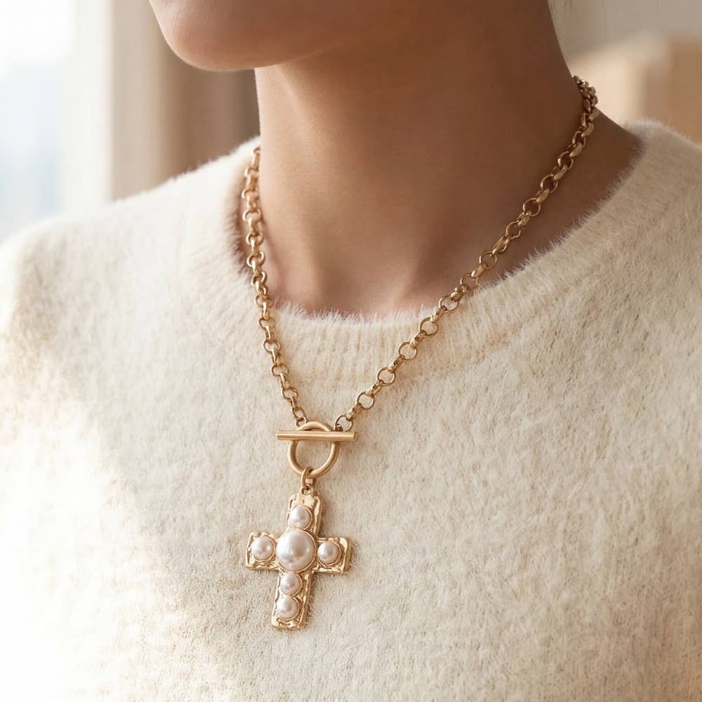 Pearl Studded Cross Pendant Toggle Chain Necklace: WG