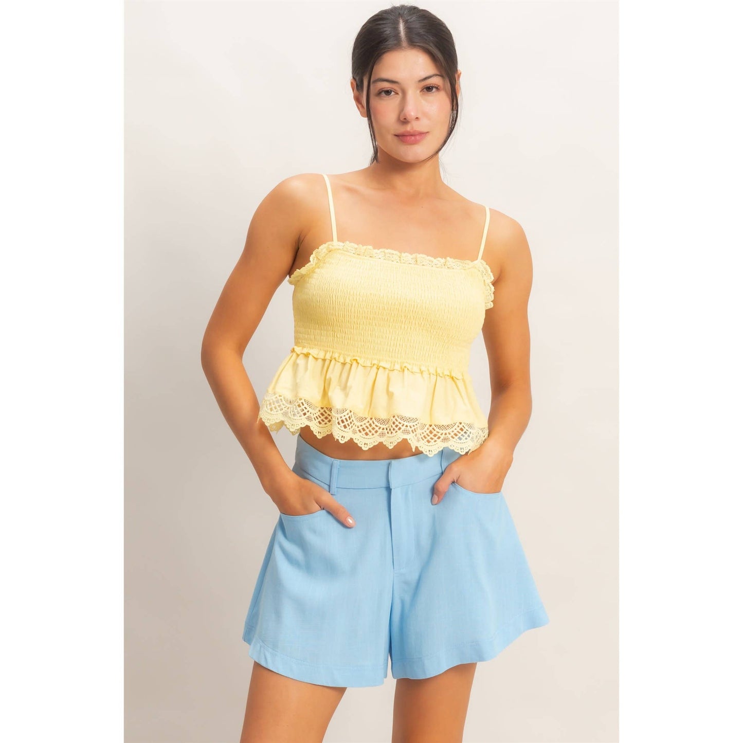 Smocked Peplum Top With Lace Trim: YELLOW / S-M-L(2-2-2)