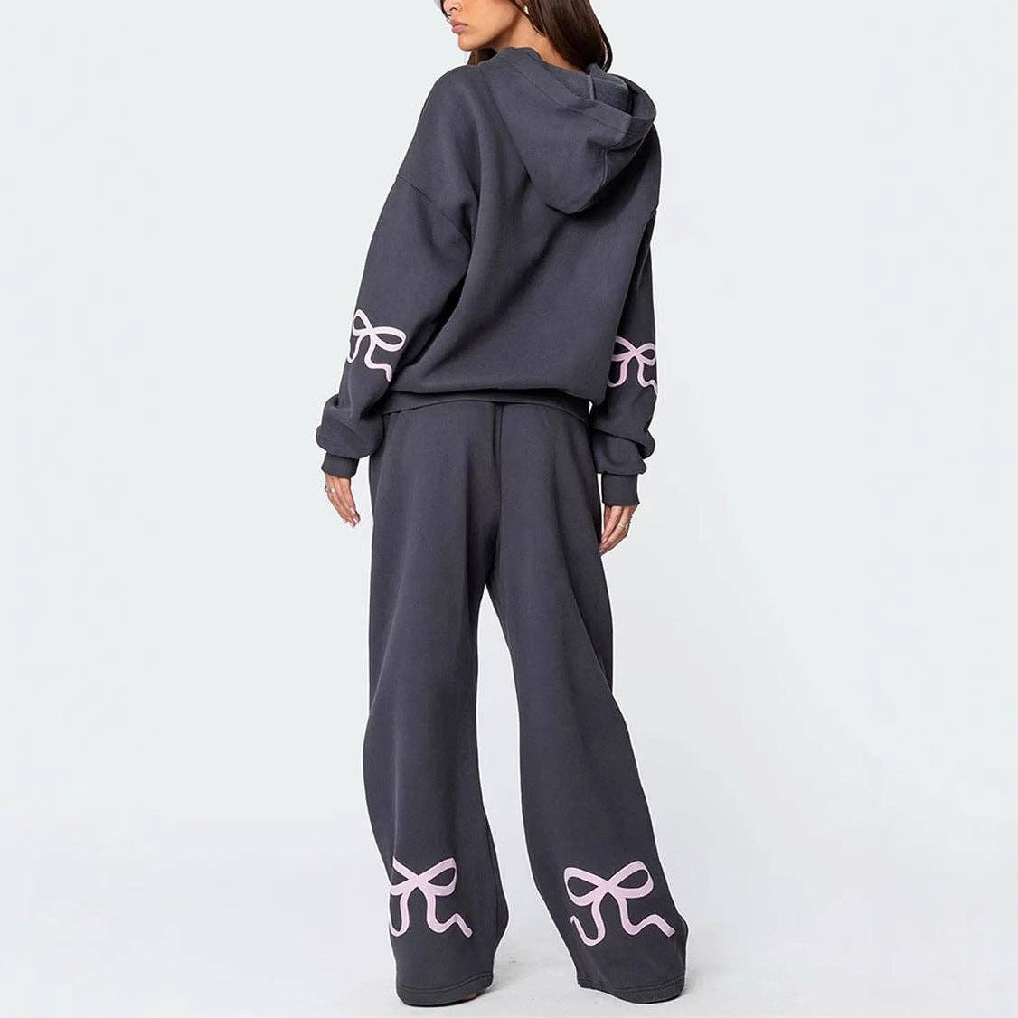 Trendy Casual Long Sleeve Loose Hoodie & Wide Leg Pants Set: Gray / XS