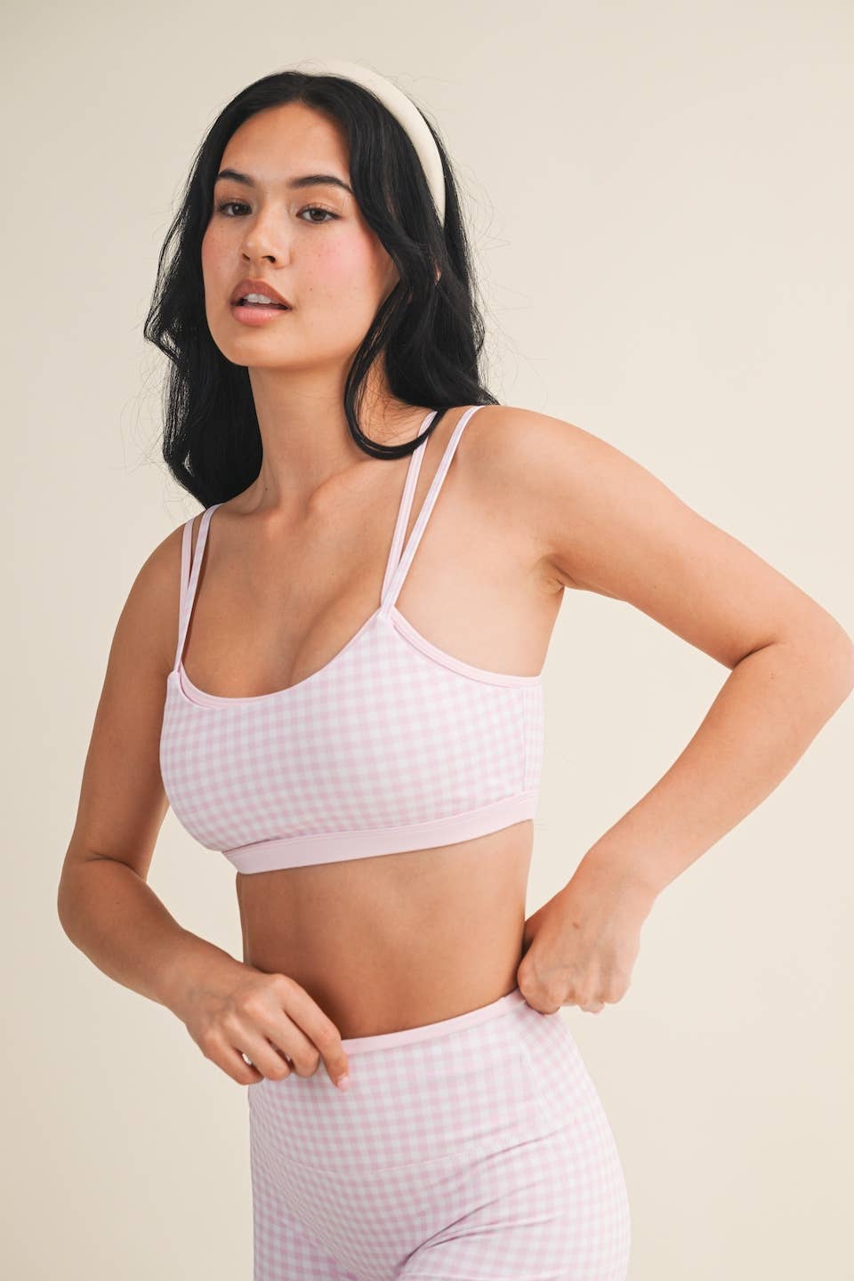 Gingham Print Double Layered Sports Bra: Red Gingham / M