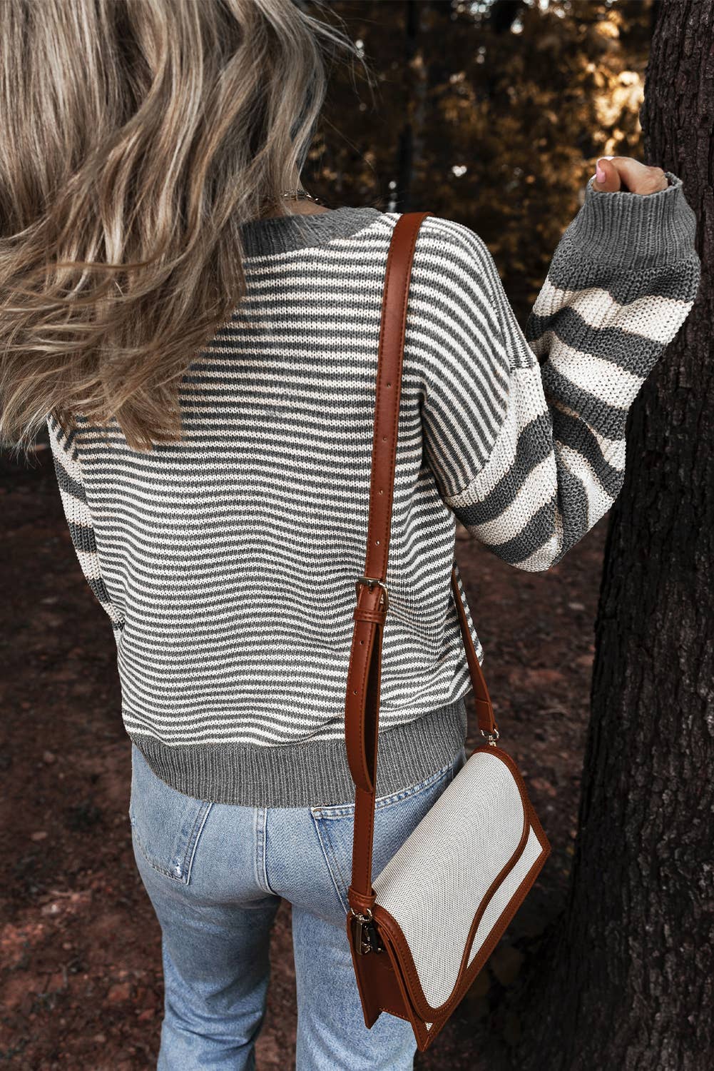 LDC Striped Patchwork Knit Sweater: Gray / S