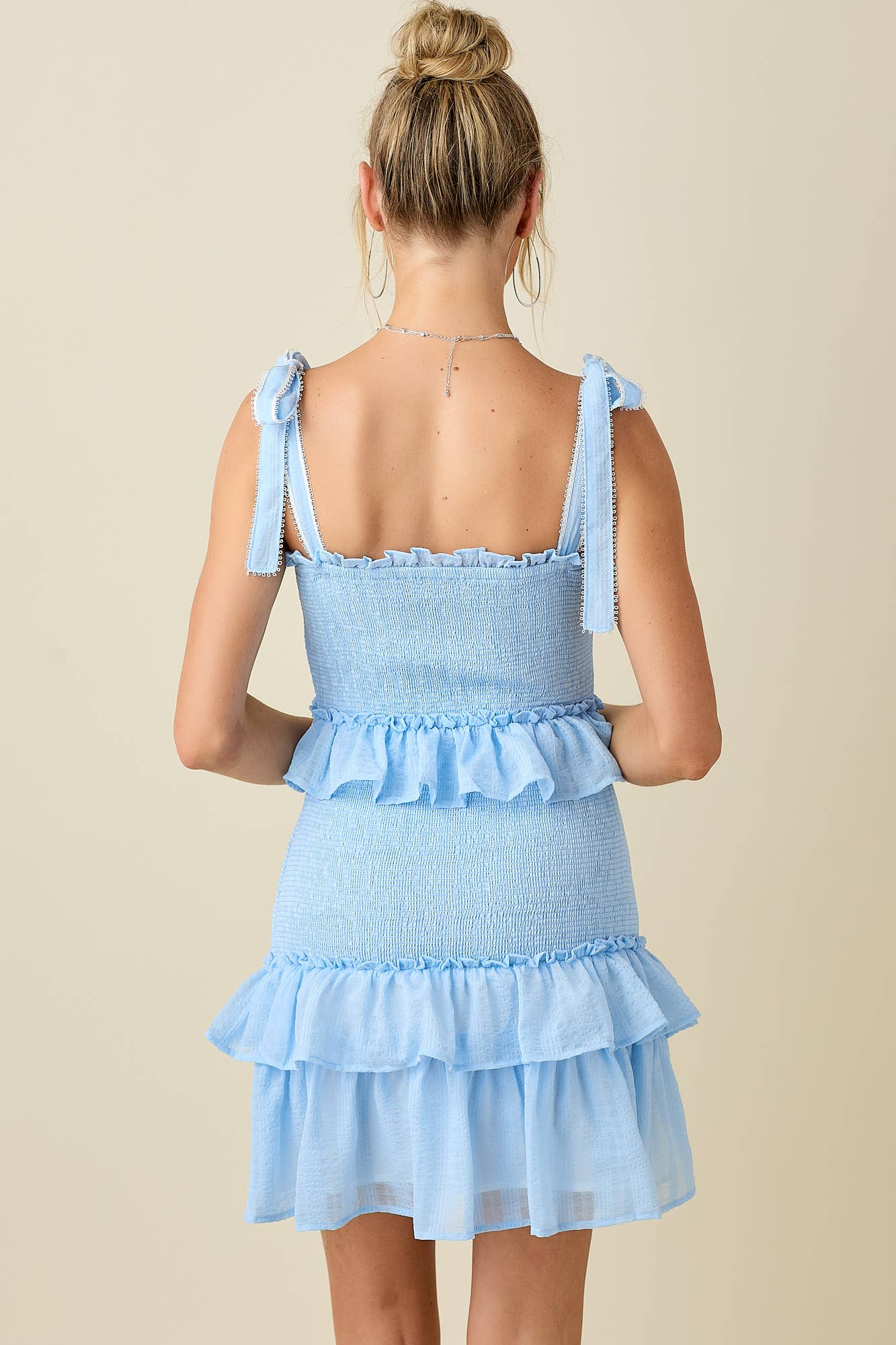 Jacquard smocked ruffled lace shoulder straps mini dress: BLUE / M