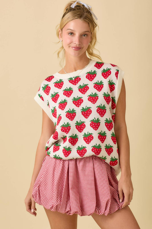 Strawberry Oversized Sleeveless Sweater Knit Top: IVORY / S