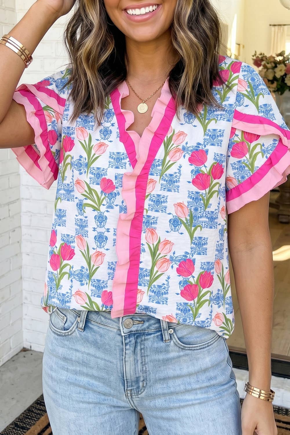LAS Tulip Floral Ruffle Colorblock Trim Blouse (S-XL): Rose / L