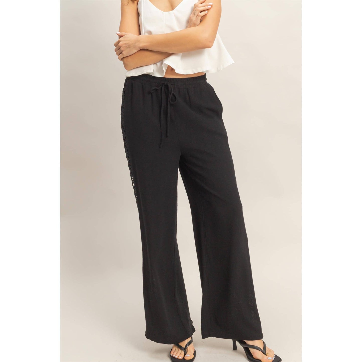 Lace Trim Wide Leg Pants: TERACOTTA / S-M-L(2-2-2)