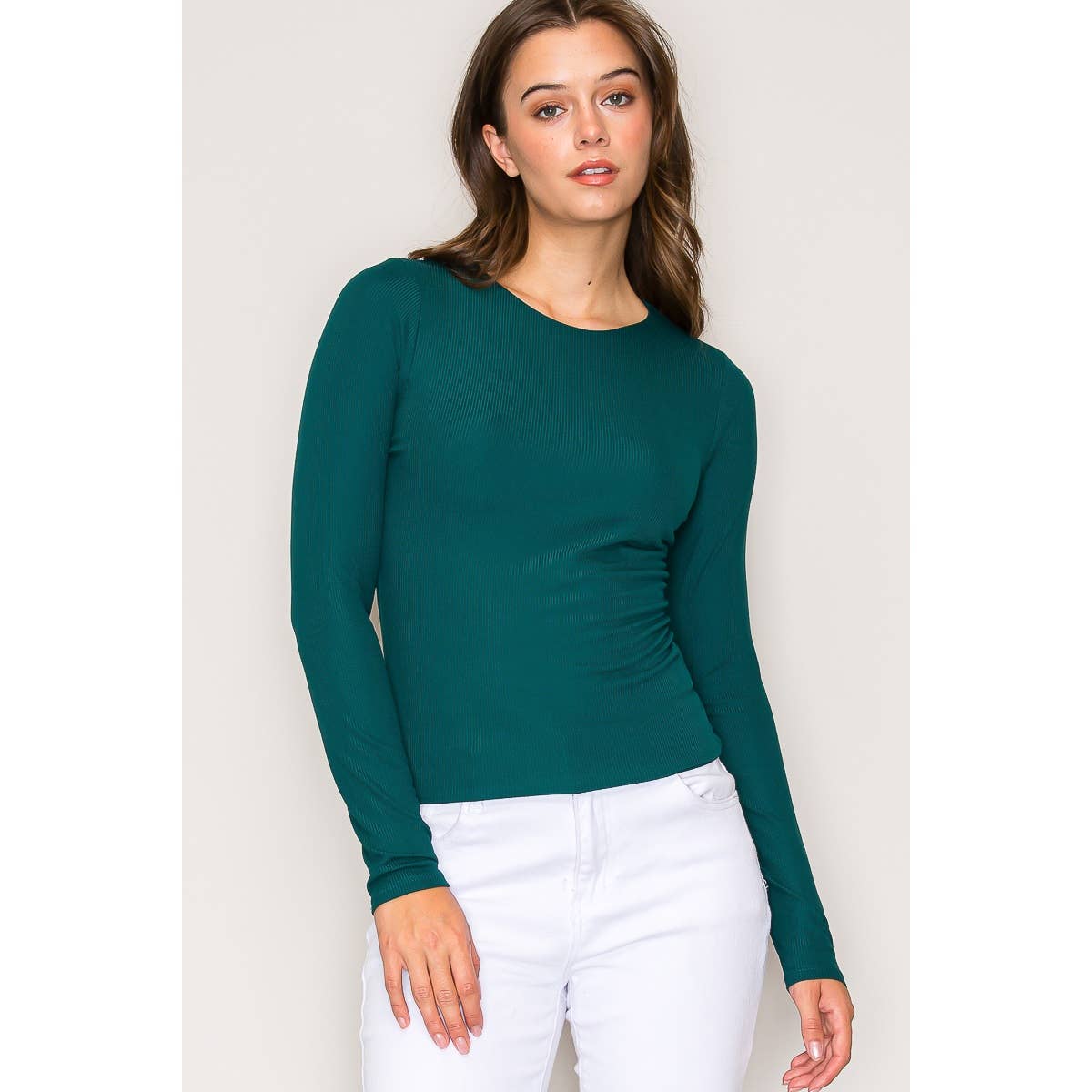 Double Layer Crew Neck Long Sleeve Rib Knit Top: Wine / S-M-L(2-2-2)