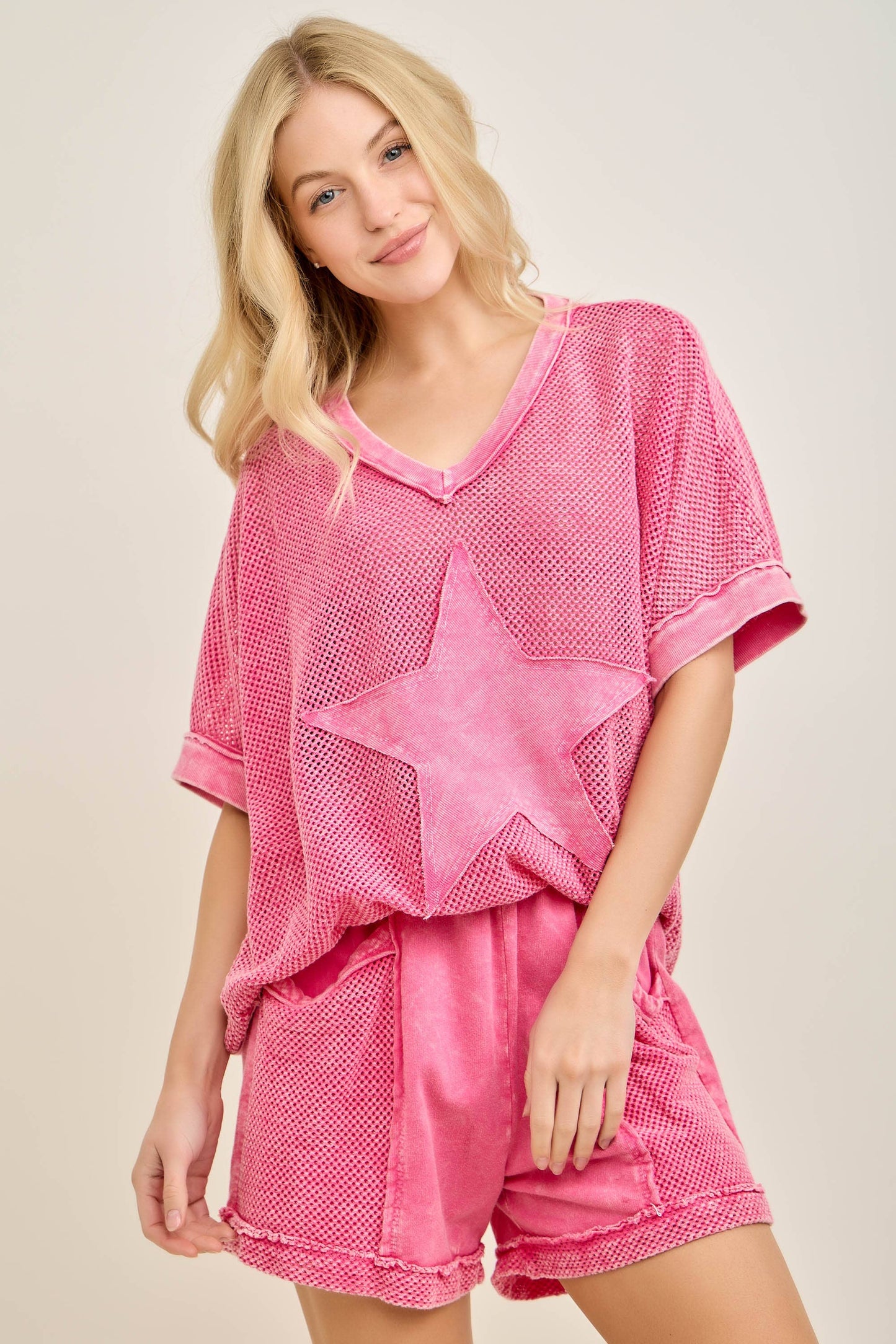MineralWashed Star patched Mesh Knit Vest top HT6385: Hot Pink / S-M- L / 2-2-2