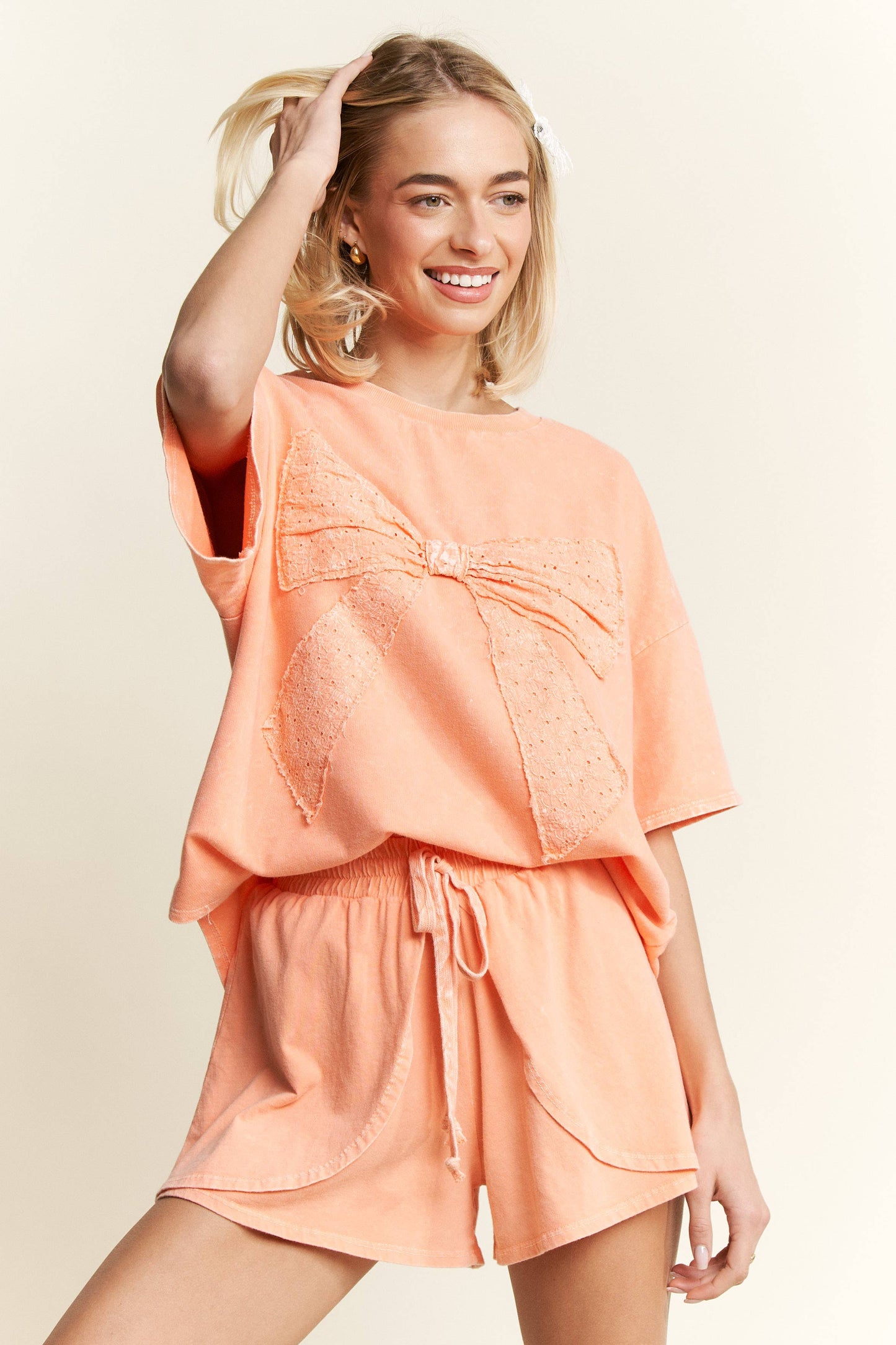 MineralWash Ribbon bow half sleeve shirt HT6308: Silver Grey / S-M-L / 2-2-2