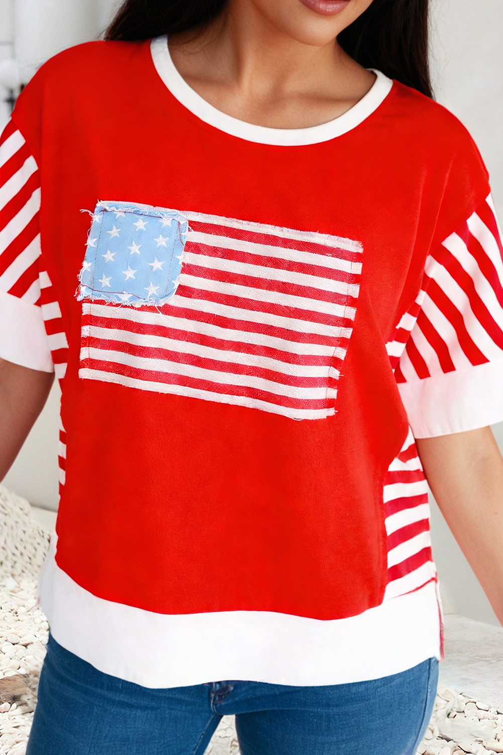 LDC Flag Print Patchwork Colorblock July 4th T Shirt: Light Blue / L