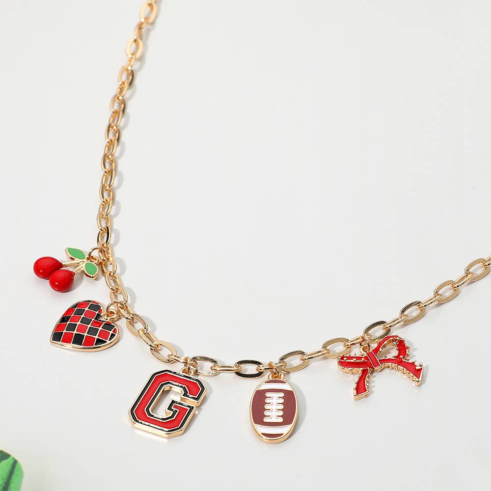 Football Theme Bow Cherry Heart Charm Station Necklace: Blue,Gold,White