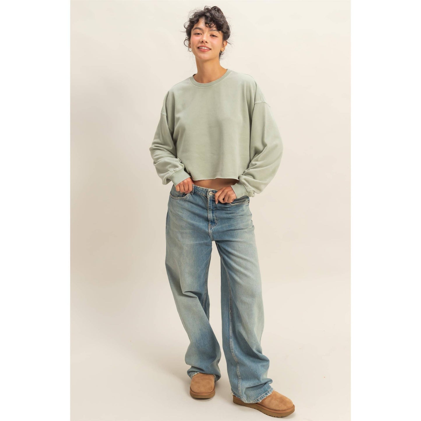 Cropped Crewneck Sweatshirt With Oversized Sleeves: TAFFY PINK / S-M-L(2-2-2)