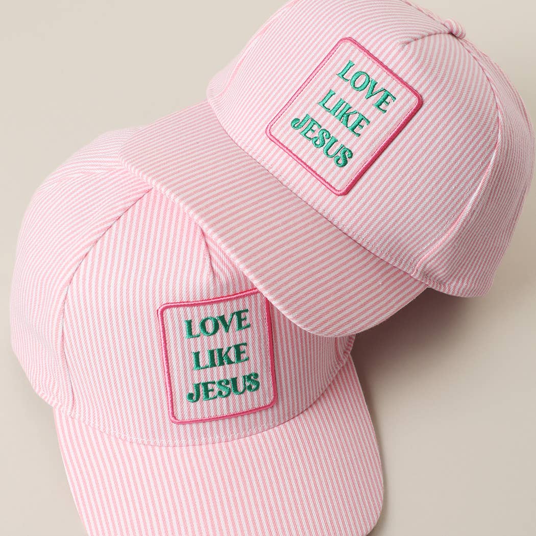 LOVE LIKE JESUS Embroidered Patch Seersucker Trucker Hat: PINK / ONE SIZE