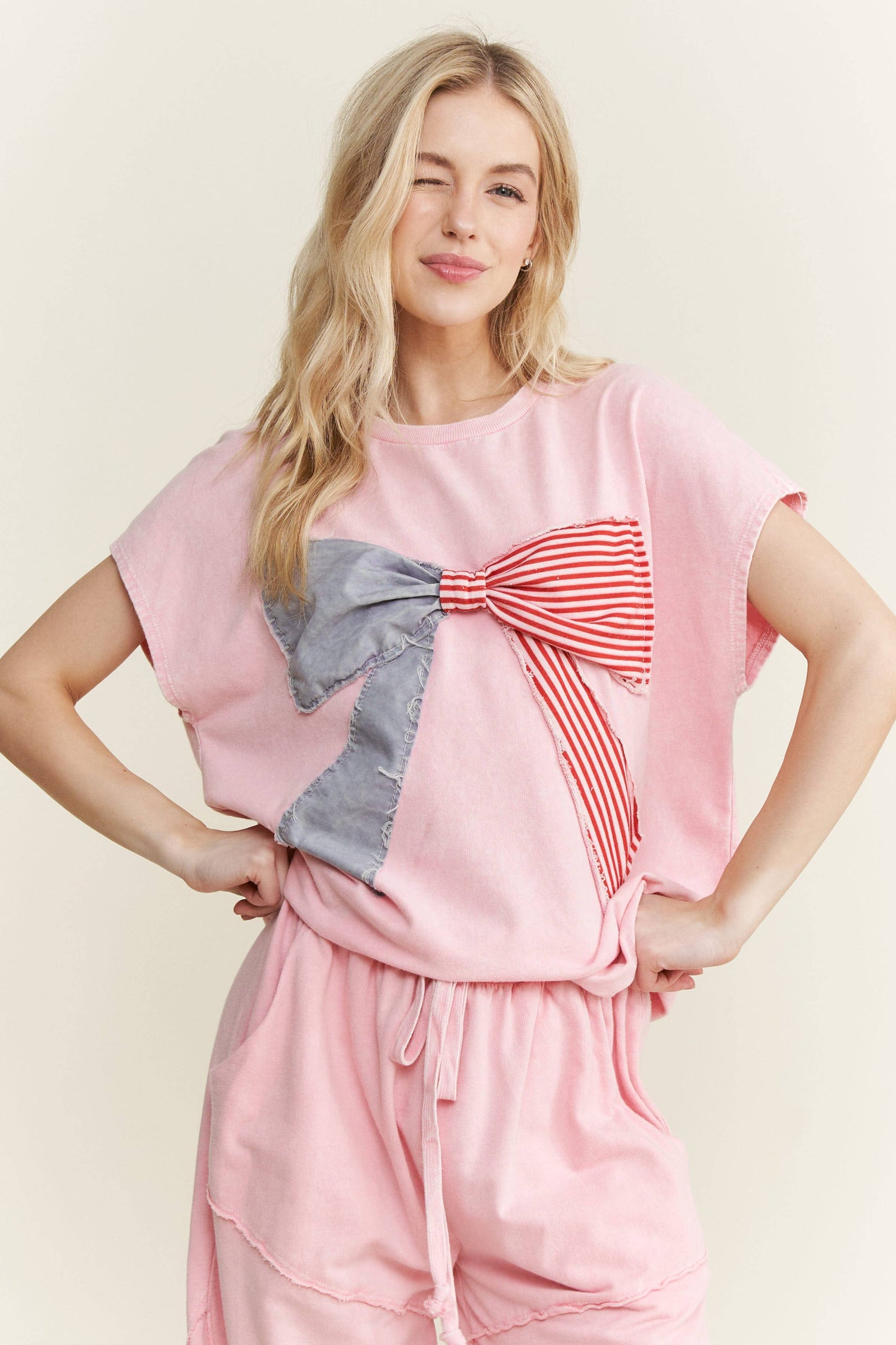 MineralWashed Americana Bow Sleeveless Blouse top HT5647P2.: Cyan