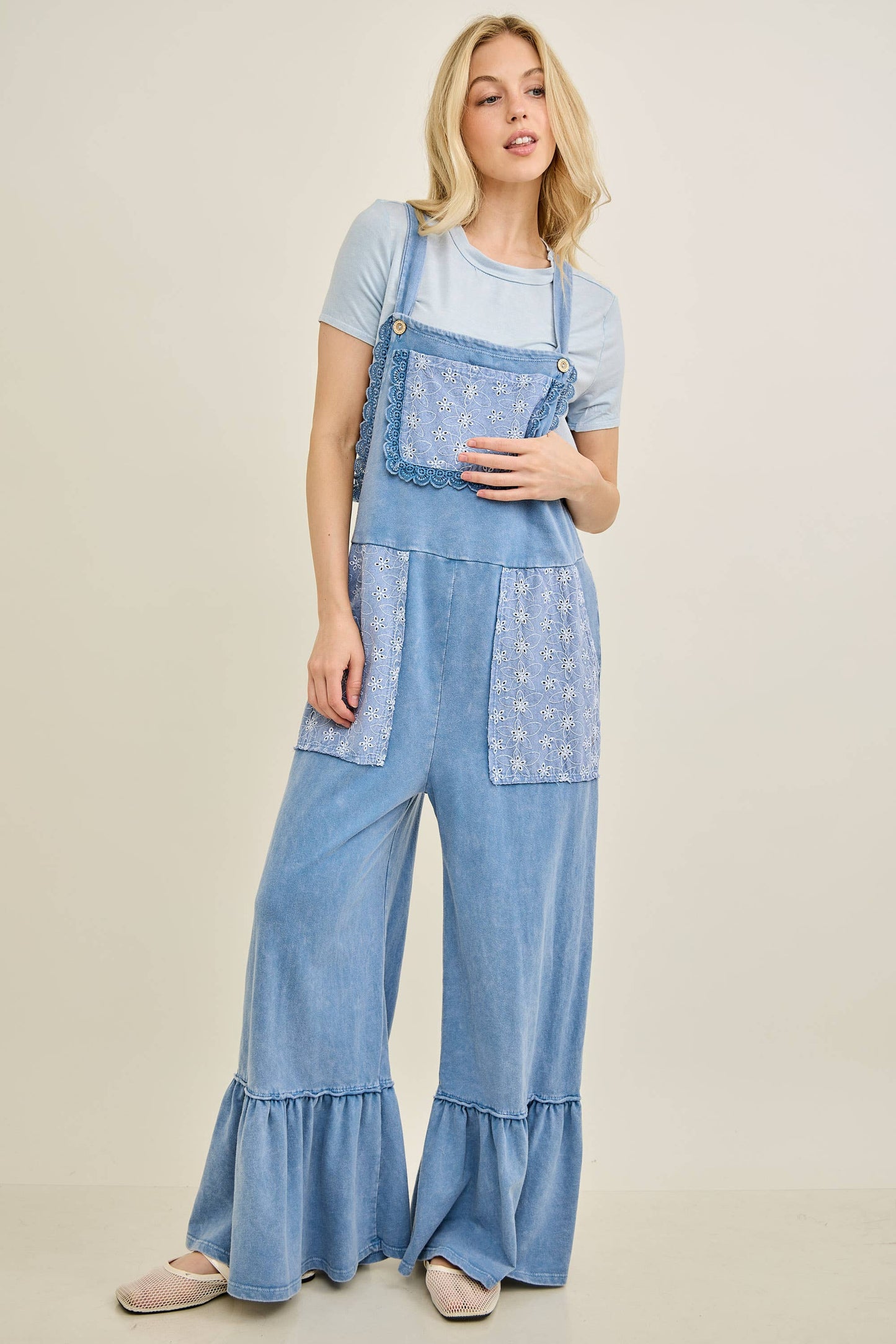 Mineral Washed Tea Party Ruffle Jumpsuits HJ7065: CottonCandy / S-M-L / 2-2-2