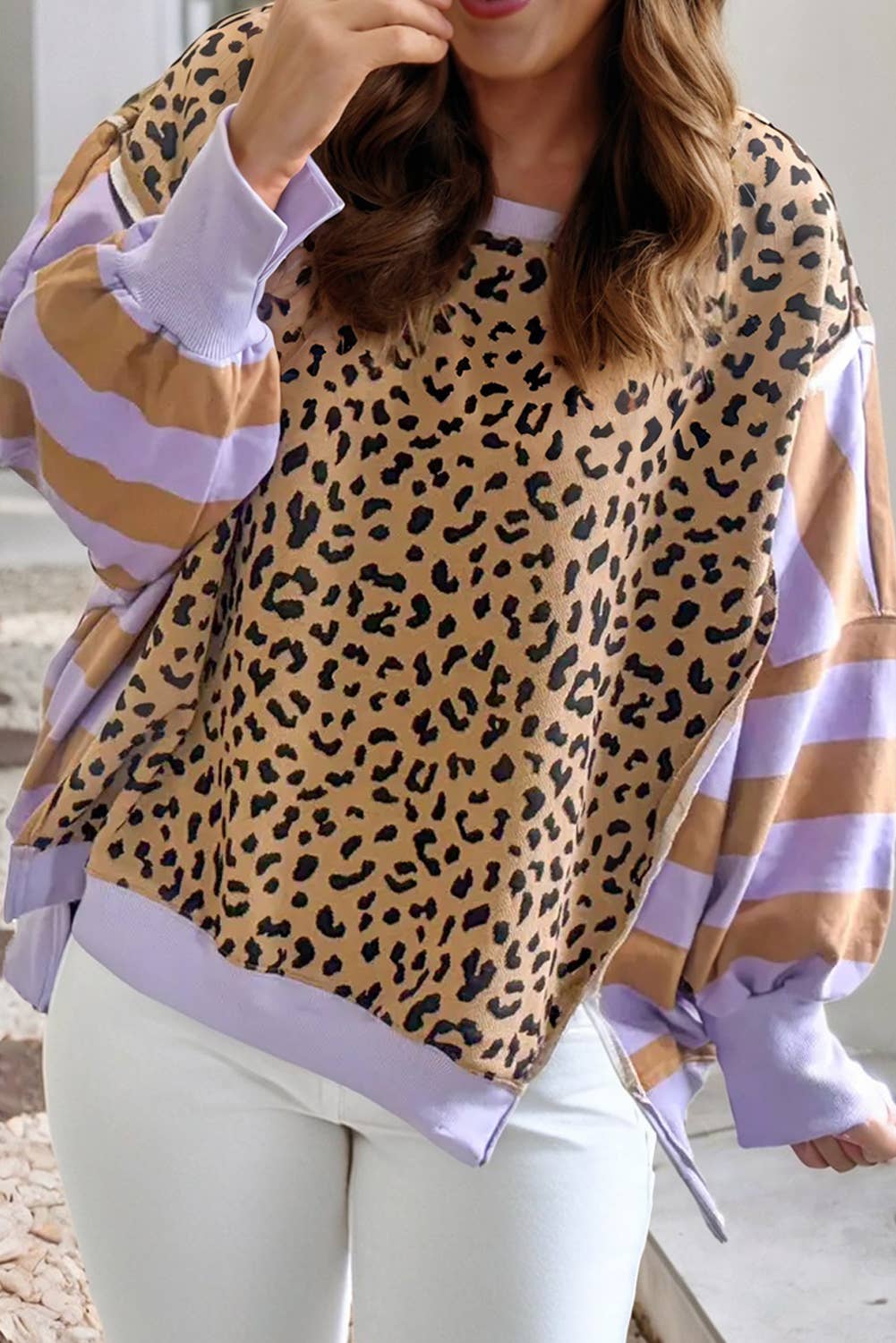 LDC Leopard Striped Color Block Side Slits Sweatshirt: Purple / M