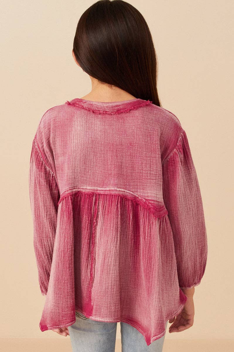 Girls Washed Raw Edge Puff Sleeve Peplum Top - 4 Pack: Magenta / Pack
