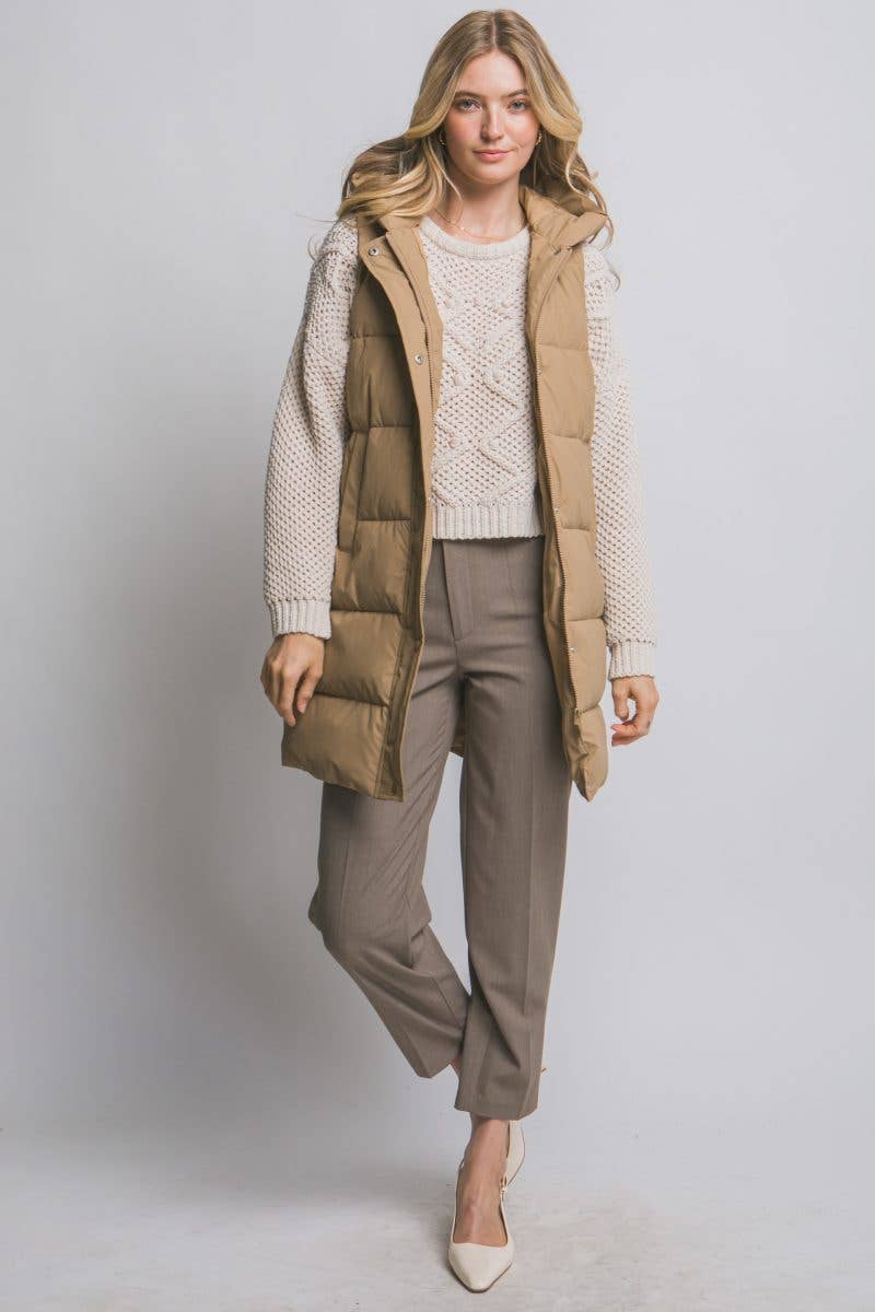 Hooded Long Quilted Puffer Vest: BLACK / 2-2-2(S-M-L)