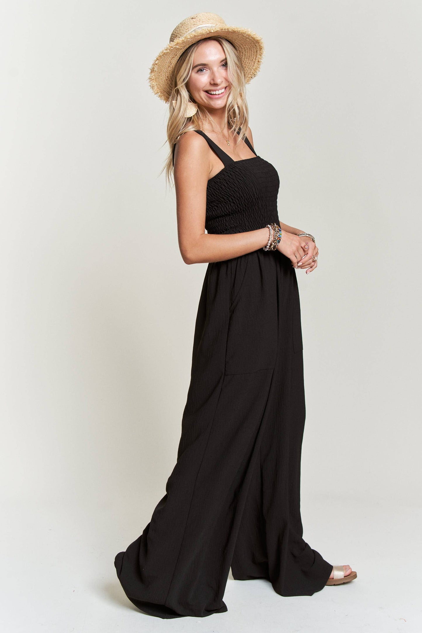 LJP16140 - SMOCKING TOP WIDE LEG JUMPSUIT: MIDNIGHT BLUE / M
